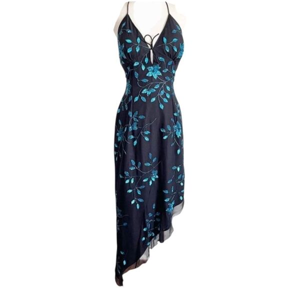 CACHE Vintage Asymmetrical Dress Embellished Glam Size Large Black Blue Y2K 90s - Picture 1 of 13